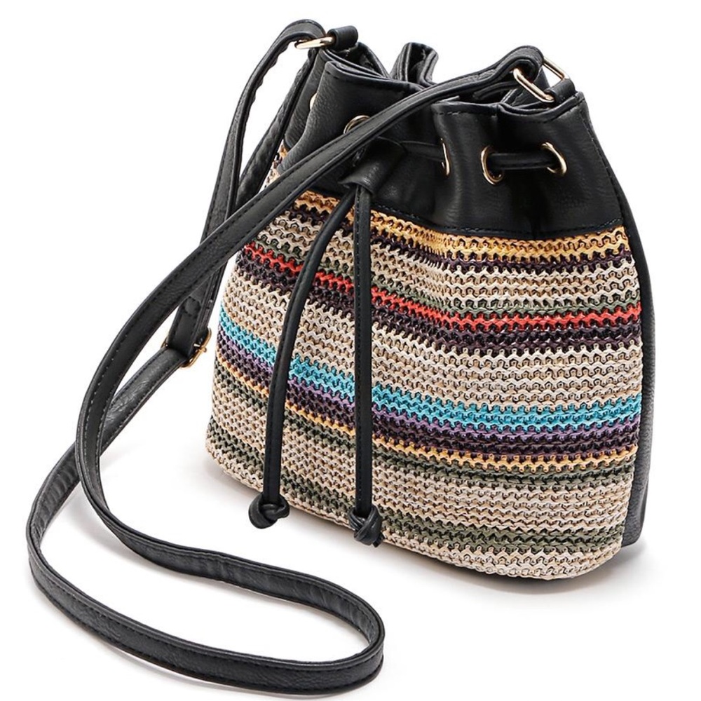 Black Boho Striped Bucket Bag